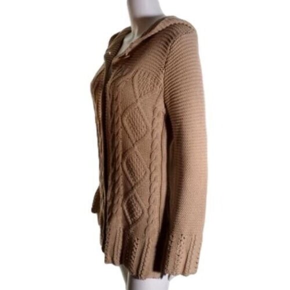 BCBG Fisherman Cardigan Size M 10 12 Tan Tunic Hood Cable Button Natural - Picture 4 of 10